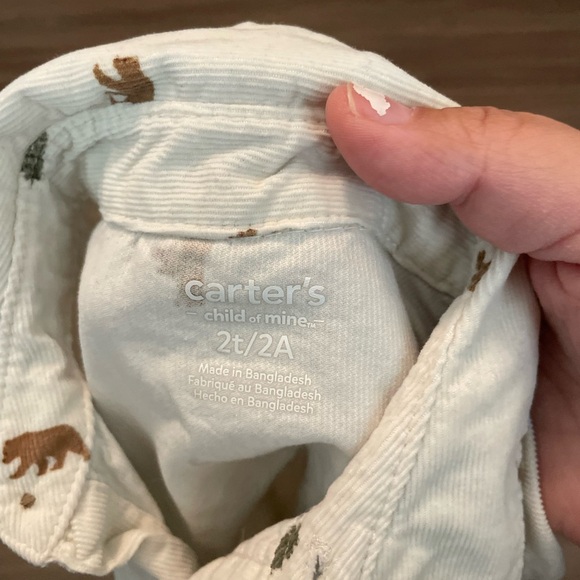 Carter's Cream and Brown Button Down Corduroy Shirt with Bear print size 2T - Picture 4 of 4